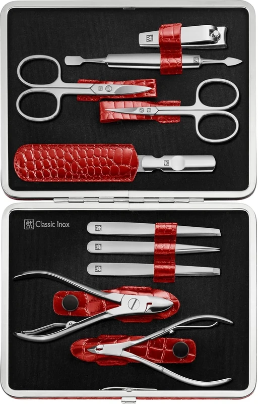 ZWILLING Manicure Set (10 Pieces, Complete Set for Fingernails and Toenails, Real Leather Case with Metal Frame), Polished Stainless Steel, Crocodile Edition, Red