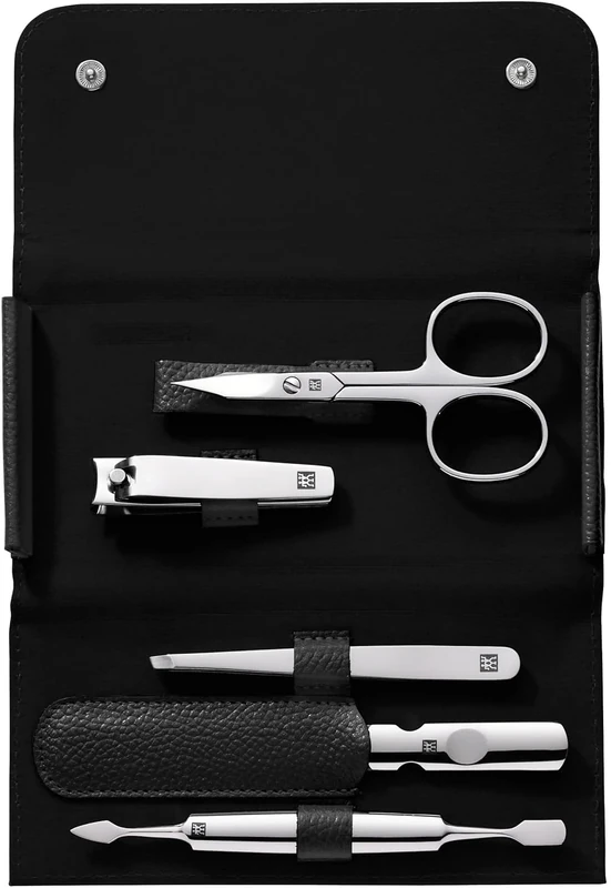 ZWILLING Manicure Set (5 piece travel-size pedicure set, with nail clipper, genuine leather case), Polished Stainless Steel, Black