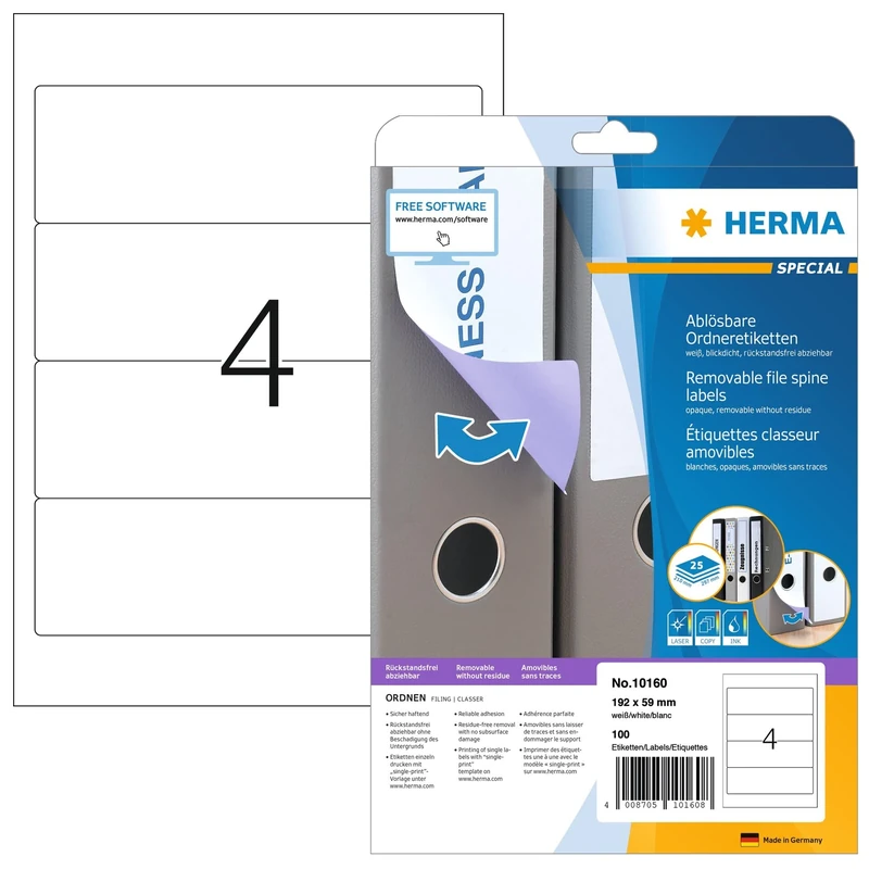 HERMA Self Adhesive Removable Spine Labels, 4 Labels per A4 Sheet, 800 Sheets, 192 x 59 mm, 3200 Labels, Blank Lever Arch File Folder Stickers, Sticky Labels for Laser & Inkjet Printer, White