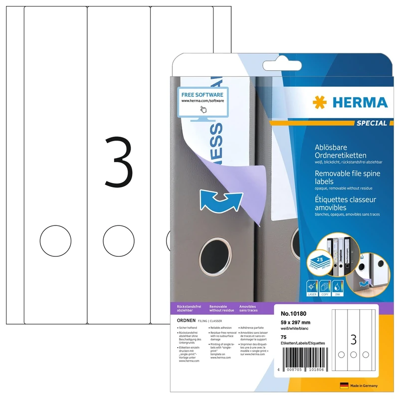 HERMA Self Adhesive Removable Spine Labels, 3 Labels per A4 Sheet, 800 Sheets, 59 x 297 mm, 2400 Labels, Blank Lever Arch File Folder Stickers, Sticky Labels for Laser & Inkjet Printer, White