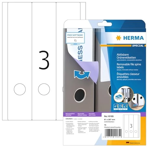 HERMA Self Adhesive Removable Spine Labels, 3 Labels per A4 Sheet, 800 Sheets, 61 x 297 mm, 2400 Labels, Blank Lever Arch File Folder Stickers, Sticky Labels for Laser & Inkjet Printer, White