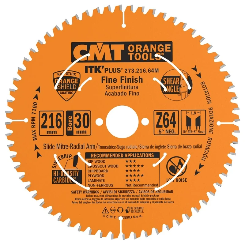 CMT 273.216.64M ITK Plus FINE Finish Saw Blade HW 216X1.8X30 Z=64 ATB+S -5°