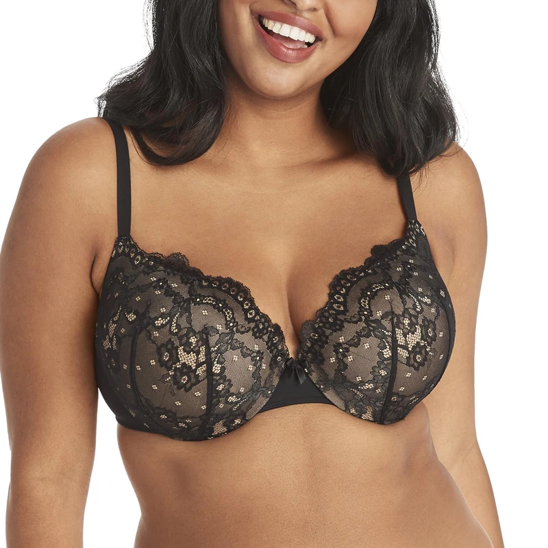 Maidenform Underwire Demi Bra, Best Push-Up Bra with Wonderbra Technology, Smoothing Lace-Trim Bra with Push-Up Cups, Black/Body Beige Lace, 38B