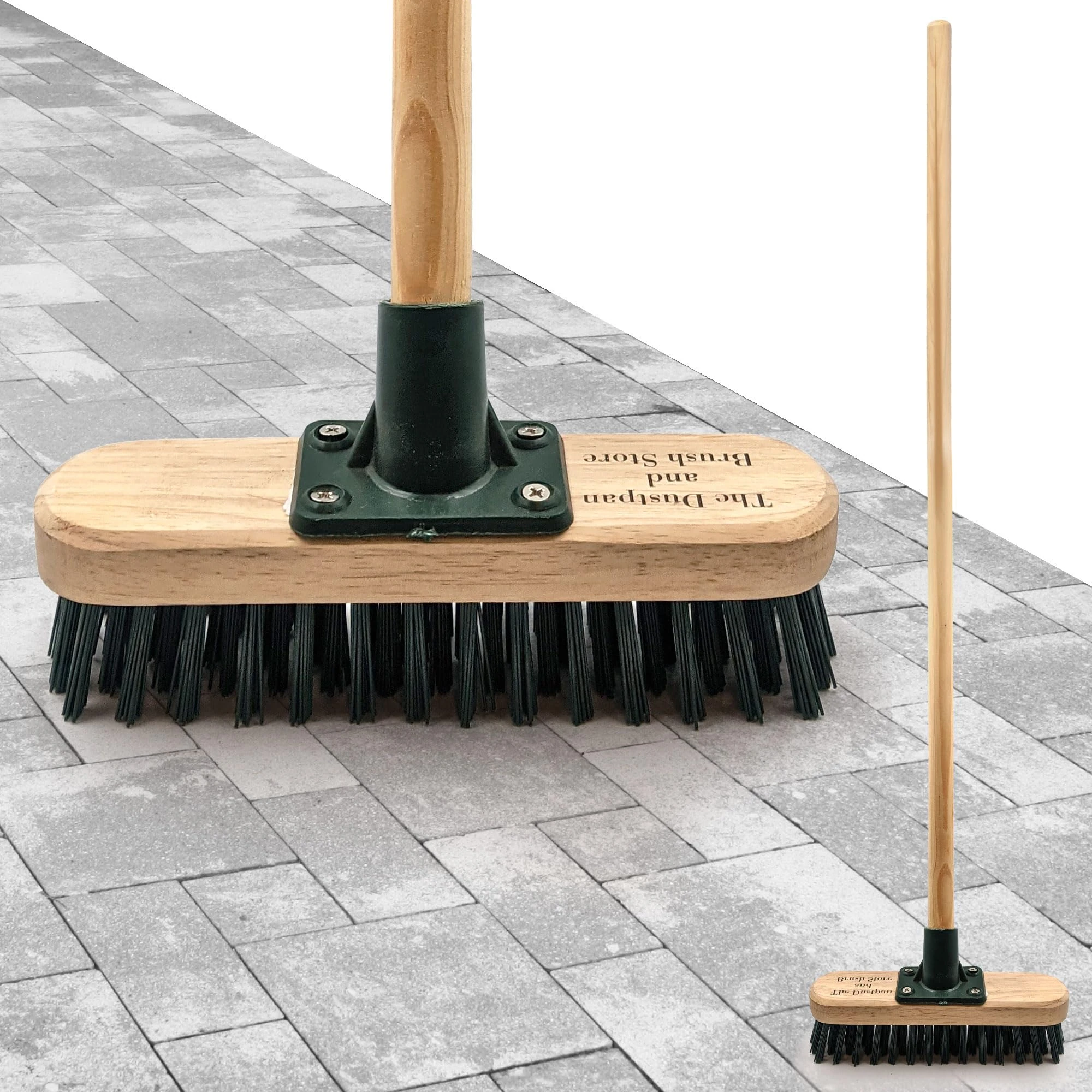 9" Stiff Heavy Duty Long Handled Scrubbing Brush Deck Broom with Wooden Handle PVC Bristles