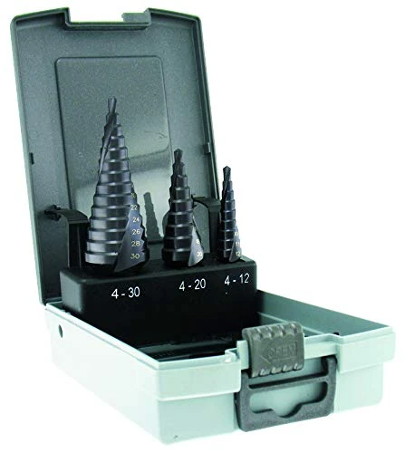 Tivoly 11438770001 FCE430 Set of 3 Conical Metal Drill Bits TiAlN Coated HSS Diameter 4-12/4-20/4-30 mm