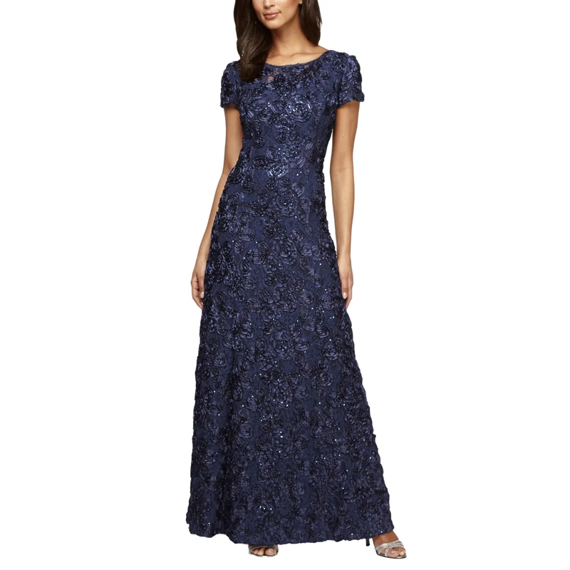 Alex Evenings Women's Long A-line Rosette Dress - Blue - 12