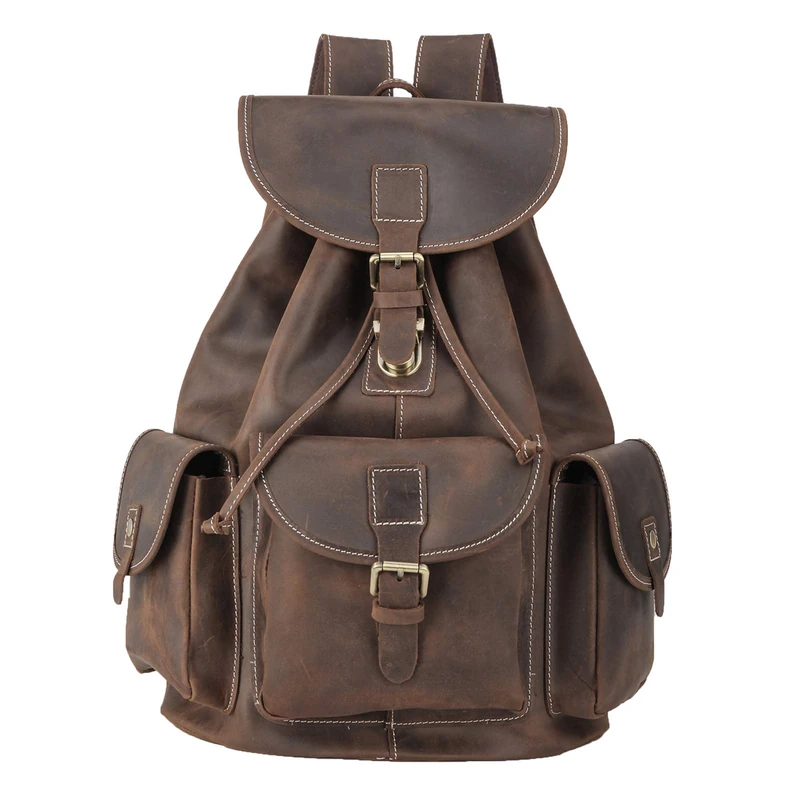 Polare Thick Genuine Leather Backpack Vintage College Laptop Bag (Dark Brown) - Image 1