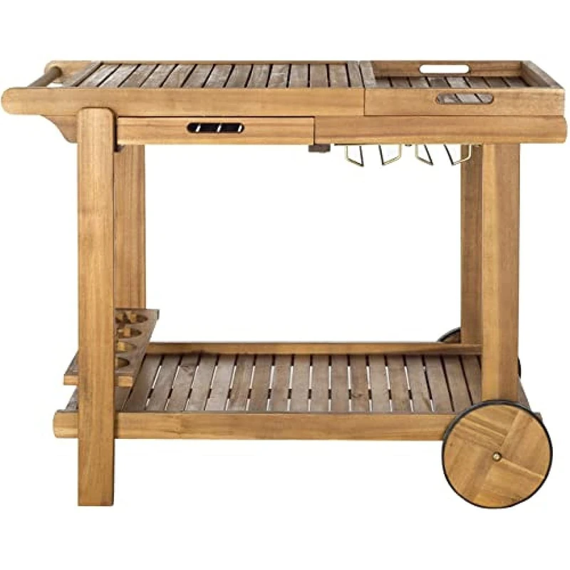 SAFAVIEH Outdoor Tea Trolley - 2 Tier - Removable Tray and Drawer, in Natural - Image 1