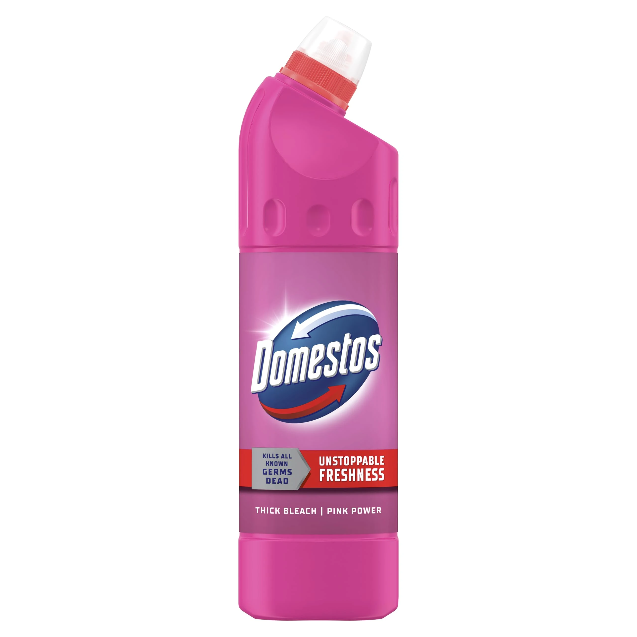 Domestos Pink Power Thick Bleach disinfectant that eliminates 99.99% of bacteria and viruses* unstoppable freshness 750 ml