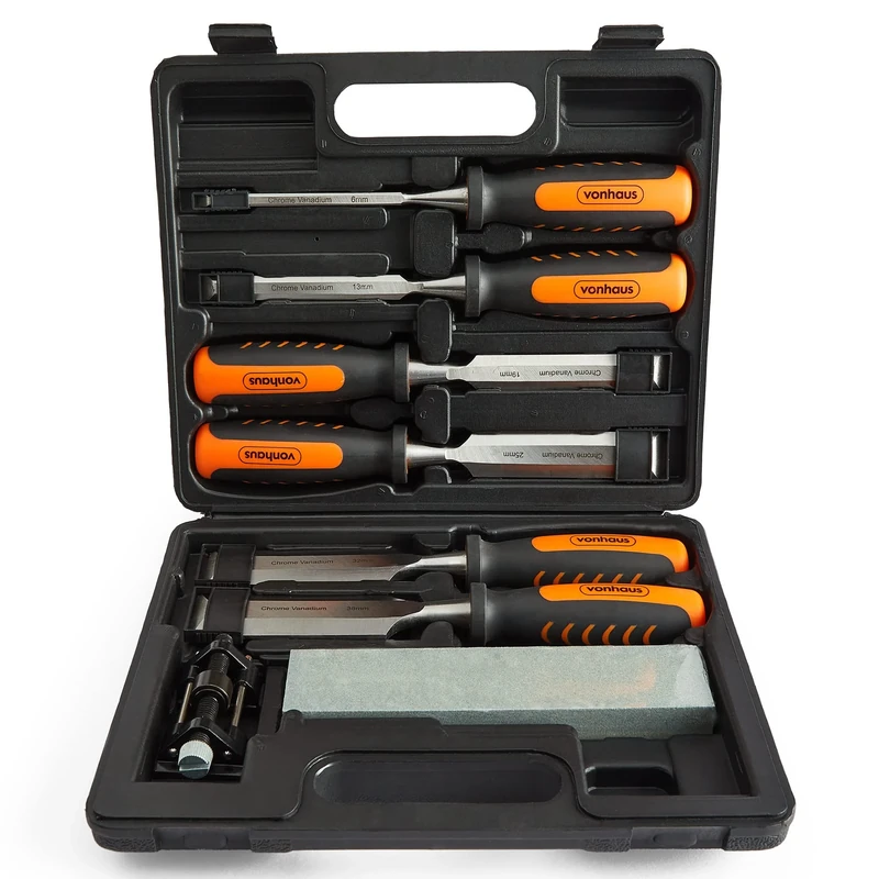 VonHaus Chisel Set - 8pcs Woodworking Tools Set - Wood Carving Tools, Wood Chisel Sets with Sharpening Stone, Honing Guide and Storage Case - Chrome Vanadium, Bevel-Edged Chisel Set