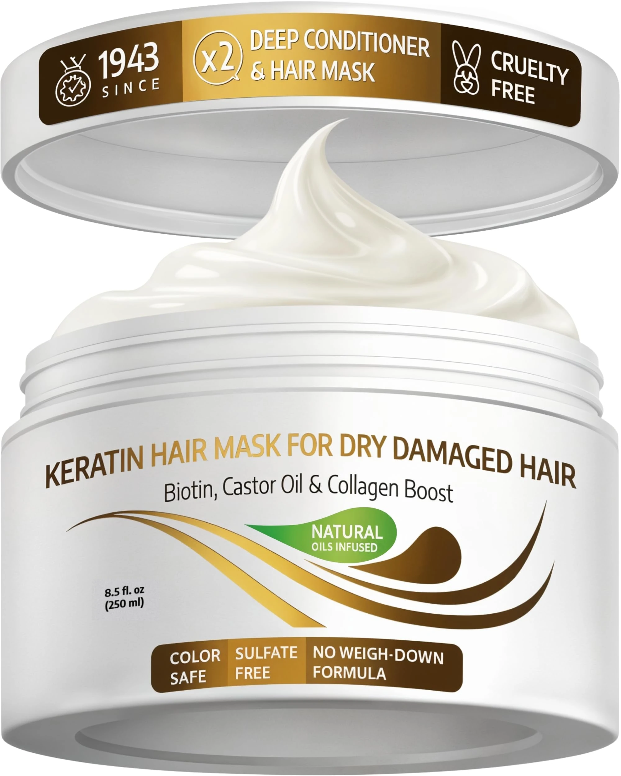 VITAMINS Hair Cosmetics Keratin Hair Mask for Damaged Hair - Protein Keratin Treatment Deep Conditioner for Dry Locks - Collagen Biotin & Castor Oil Repair Dryness & Enhance Shine - 250 ML