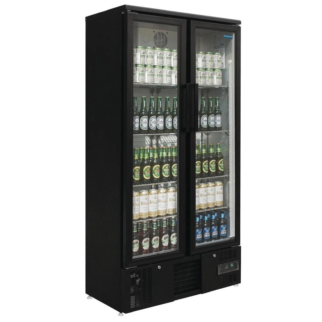 Polar Refrigeration G-Series 400W Upright Back Bar Cooler Display Fridge with Hinged Doors 490 Litre, Black, 2°C to 8°C, 1880(H)x920(W)x514(D)mm, 8 Shelves, Energy Rating C | GJ449