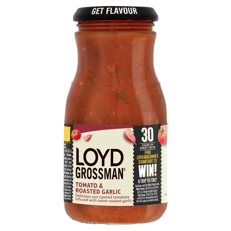 Loyd Grossman Italian Tomato & Roasted Garlic Sauce – Rich Tomato & Sweet Garlic Fusion, Classic Italian Flavour, 350 g Jar (Pack of 1)