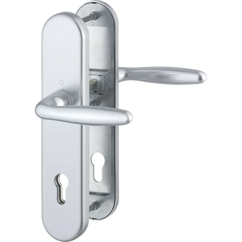 HOPPE Verona front door handle set DIN standard distance 92 mm, silver anodised, long plate profile cylinder for door thickness 67-72 mm, without core pull protection, test: RC2 according to EN 1906, 1 piece safety fitting.