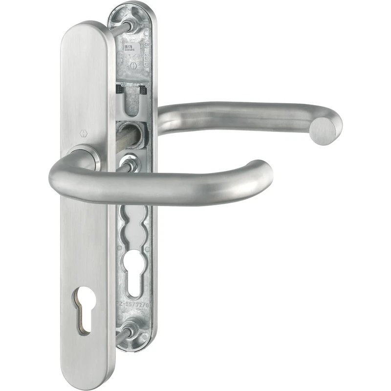 Safety Door Handle Set Paris on Narrow Plate PZ92 Gate Thickness 67-72 Matte Stainless Steel