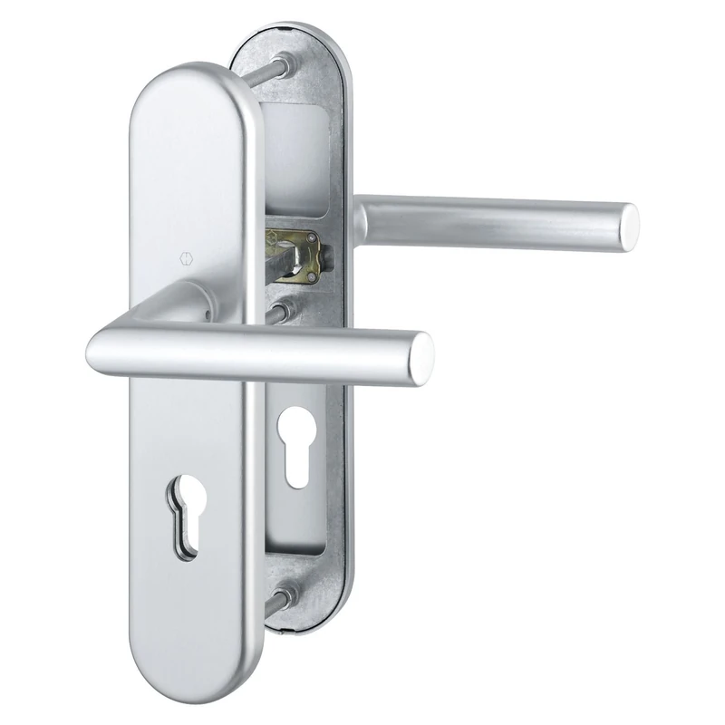 Hoppe Amsterdam Door Entrance Door Handles Lever Latch – DIN Standard Spacing 92 mm Anodised Silver Long Plate Cylinder Lock for Door Thickness, No Core Cylinder Protection 67 – 72 mm, Check: RC2 en 1906 (1) Security Escutcheon