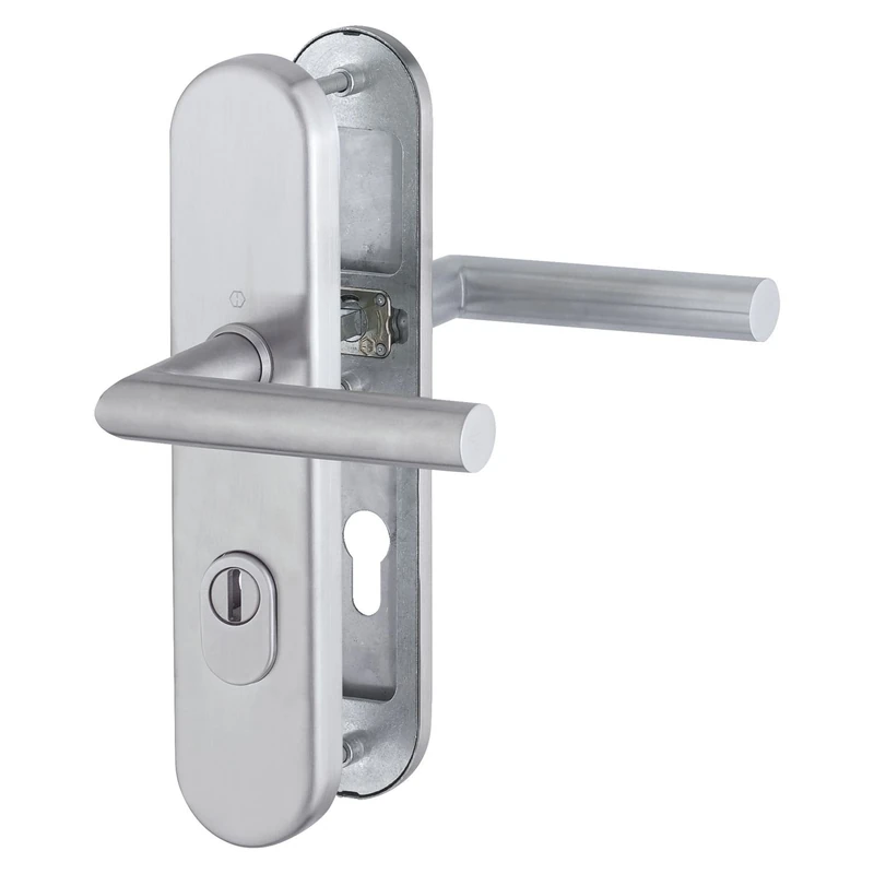 HOPPE Amsterdam 3898215 Safety Handle Set DIN Standard Distance 92 mm Stainless Steel Matt Long Plate Profile Cylinder for Door Thickness 67-72 mm with Core Pull Protection Class 3 Pack of 1