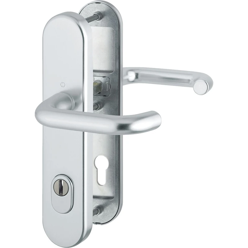 Hoppe House Door Entrance Paris Door Handles Lever Latch – DIN Standard Spacing 92 mm Anodised Silver Long Plate Cylinder Lock for Door Thickness 77 To 82 mm, with Cylinder Protection, Check: RC2 en 1906 (1) Security Escutcheon