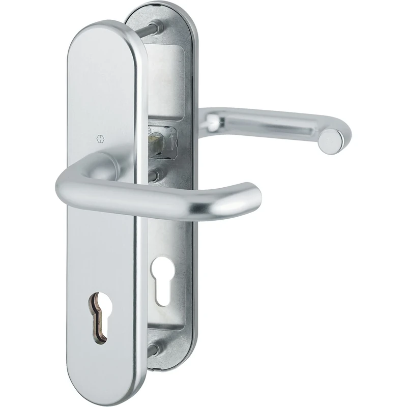 Hoppe House Door Entrance Paris – ö Standard Spacing 88 mm Anodised Silver Long Plate Door Handles Lever Latch Door Cylinder for Pull Door Thickness 42 – 47, No Core Protector En 1906, Check: RC2, 1 Piece Security Escutcheon