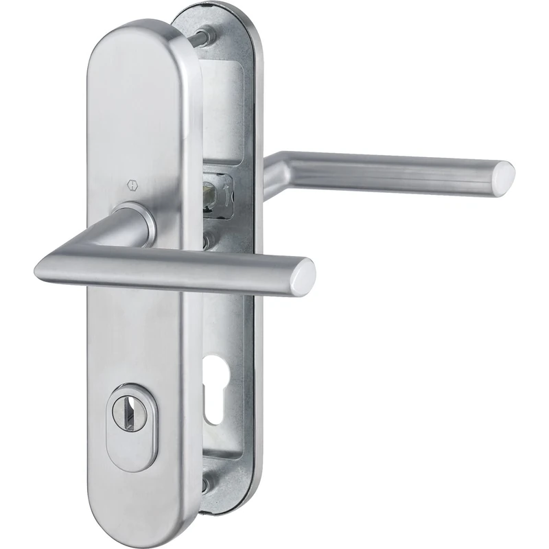 Hoppe House Door Entrance Stockholm – ö Standard Spacing 88 mm Matt Stainless Steel Door Handles lever latch Long Plate Cylinder Lock for Doors 62 to 72 mm with Cylinder Protection, Check: RC2 en 1906 (1) Security Escutcheon