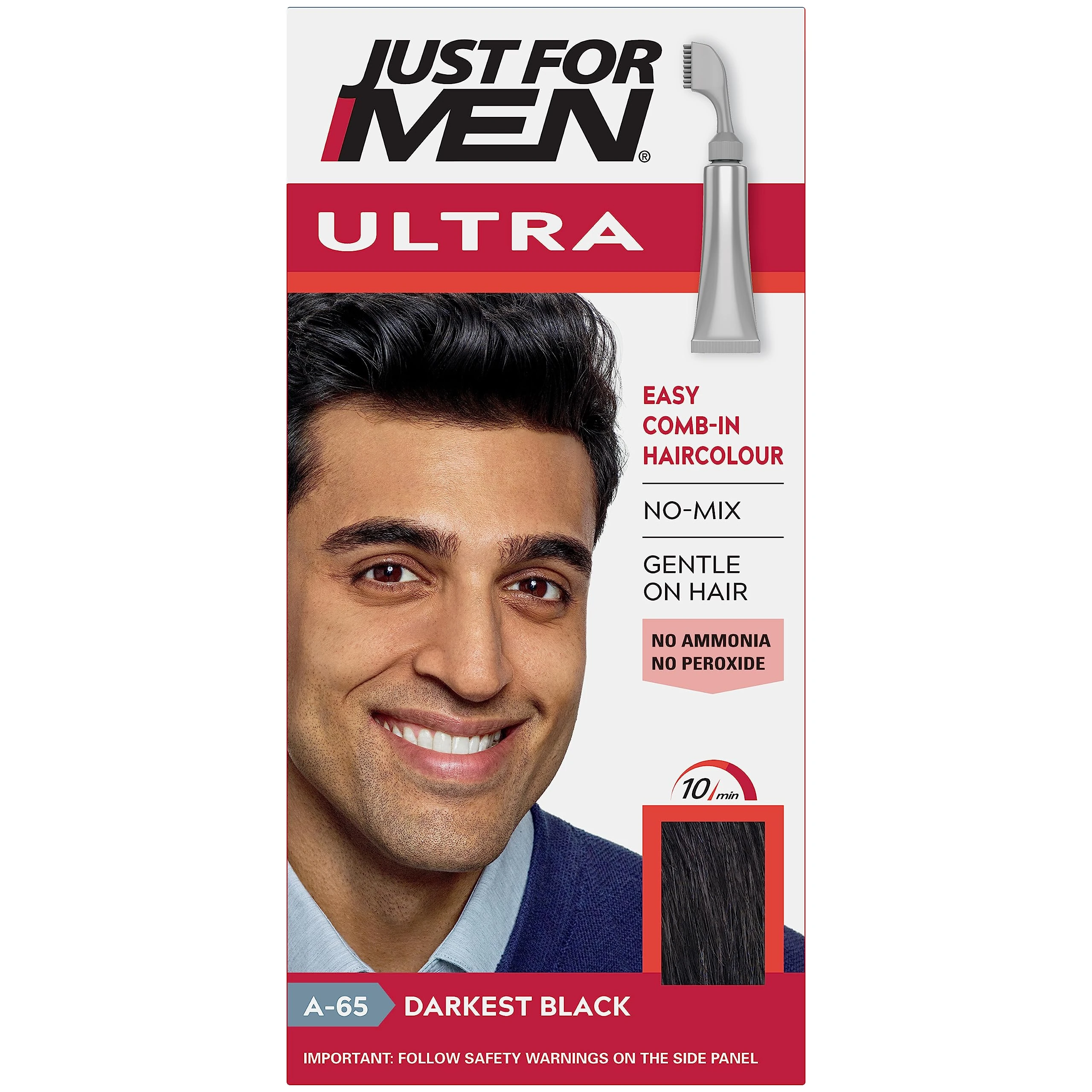 Just for men Ultra Darkest Black Hair Colour Dye for Short Hair, Comb Away the Greys � A65