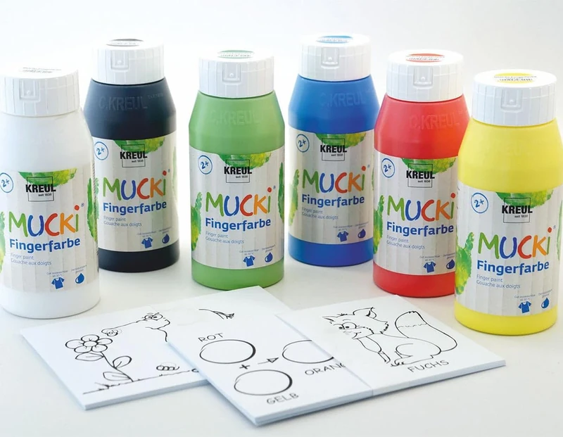 Kreul Mucki 29150 Finger Paint Power Pack Show Me The World of Colours, 6 x 750 ml Finger Paint and 20 Colouring Pages