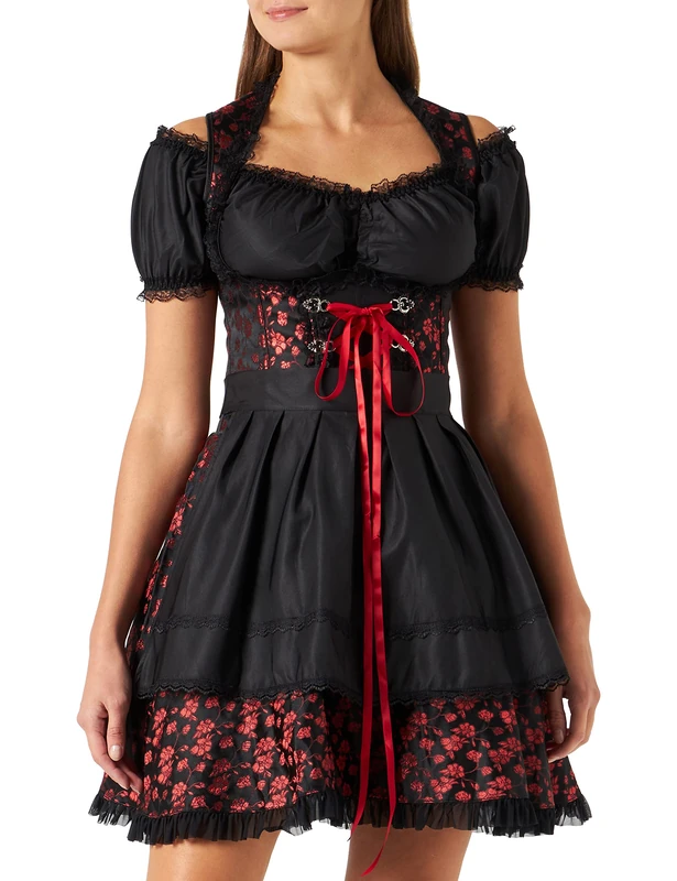 Dirndline Women's Premium Dirndl mit Bluse Special Occasion Dress, Red/Black, S