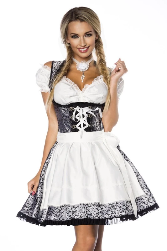 Dirndline Women's Premium Dirndl with Blouse Special Occasion Dress, Silver/White/Black, S