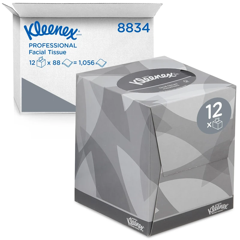 Kleenex Facial Tissue Box, 2-Ply White Tissues, Strong & Absorbent, Fragrance-Free, FSC Certified, Stylish Cube Box for Home & Office Use, 12 Boxes x 88 Sheets (1,056 Tissues Total), Model nr. 8834