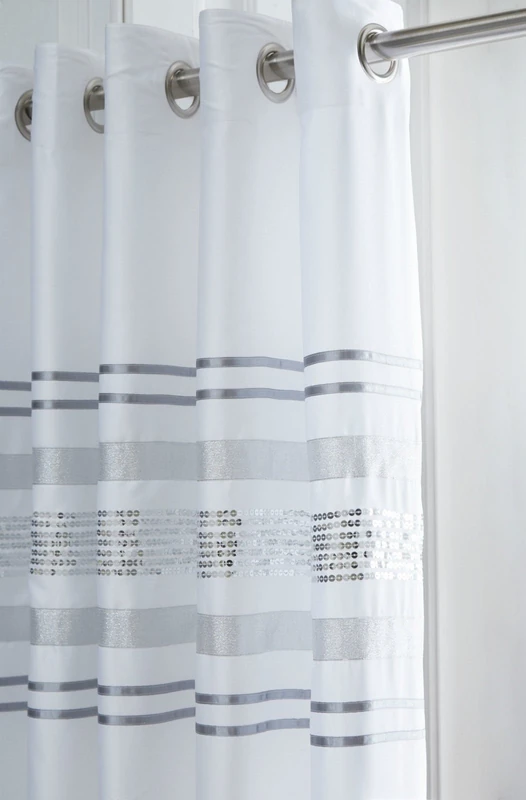 Broadway Modern Ring Top Fully Lined Sequined Design Eyelet Pair of Curtains, Polyester, White, 66 x 72-Inch - Image 1