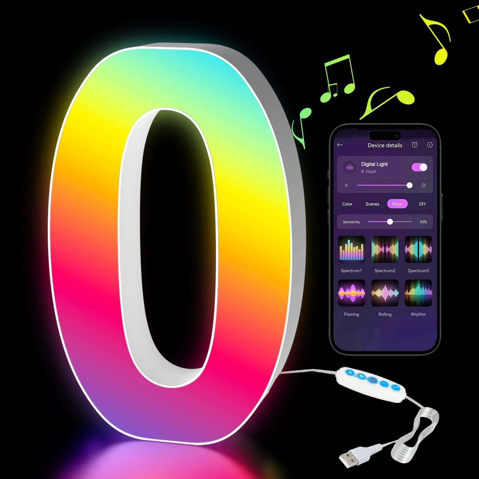 Kangtaixin LED Number Lights RGB Color Changing, Light Up Marquee 0-9 Digits Lights Sign with USB Power Supply, APP Control, Dimmable, Decoration for Birthday Party Gifts Christmas Wedding - Digit 0