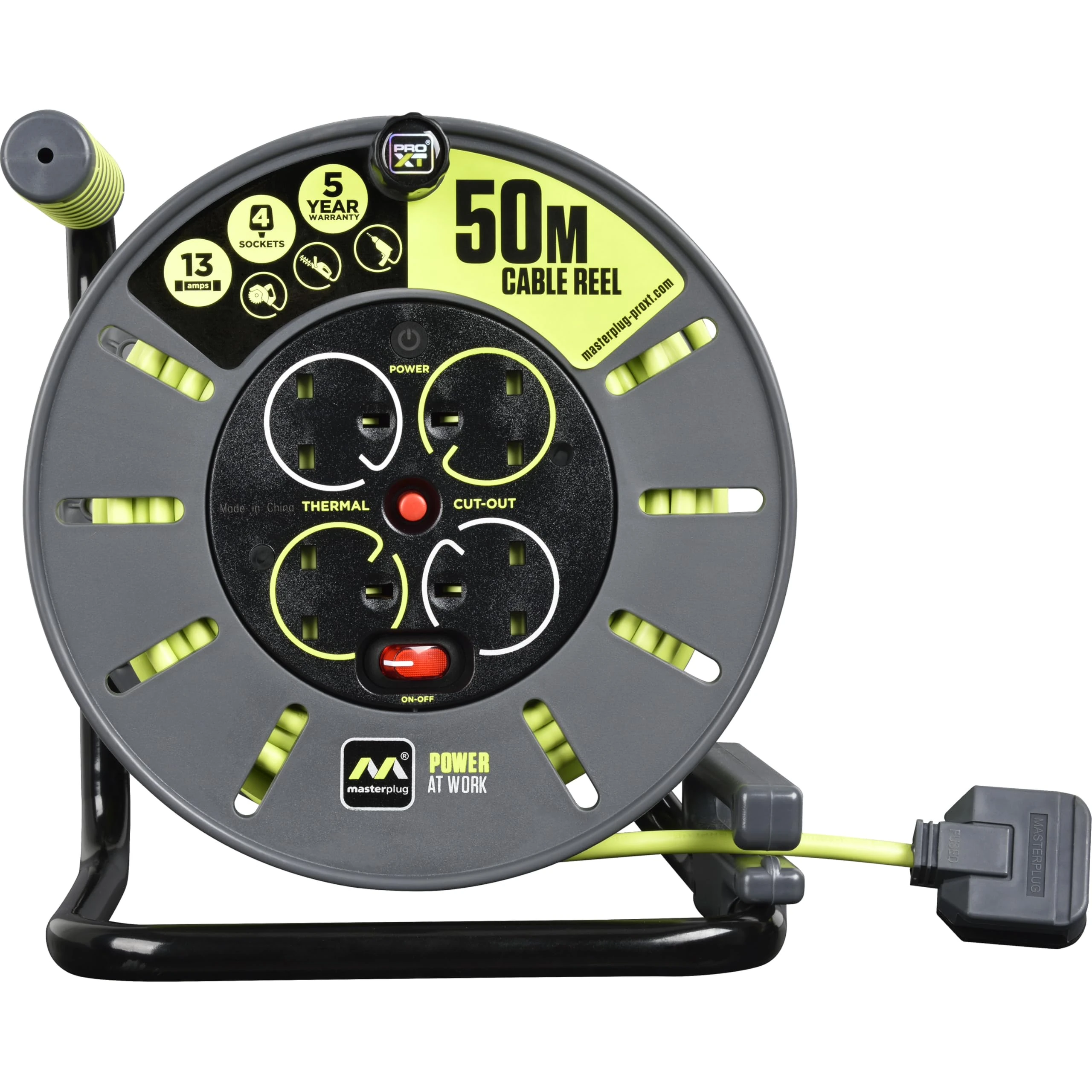 Masterplug OLU50134SL-PX Pro-XT Four Socket Open Cable Reel with Winding Handle, Thermal Cut Out and Power Switch, 50 Metres High Visibility Cable, Green