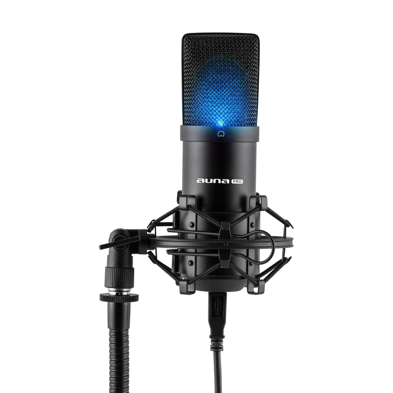 Auna Pro MIC-900 - USB Microphone, Microphone PC, Condenser Microphone, Cardioid Studio (Plug & Play, USB Connector & Shockmount) - Black w/LED lighting