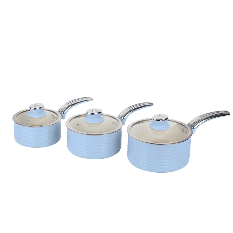 Swan SWPS3020BLN Retro Induction Saucepan Set With Glass Lids, Non Stick Ceramic Coating, Easy to Clean, Blue, 3 Piece, 16/18/20 cm
