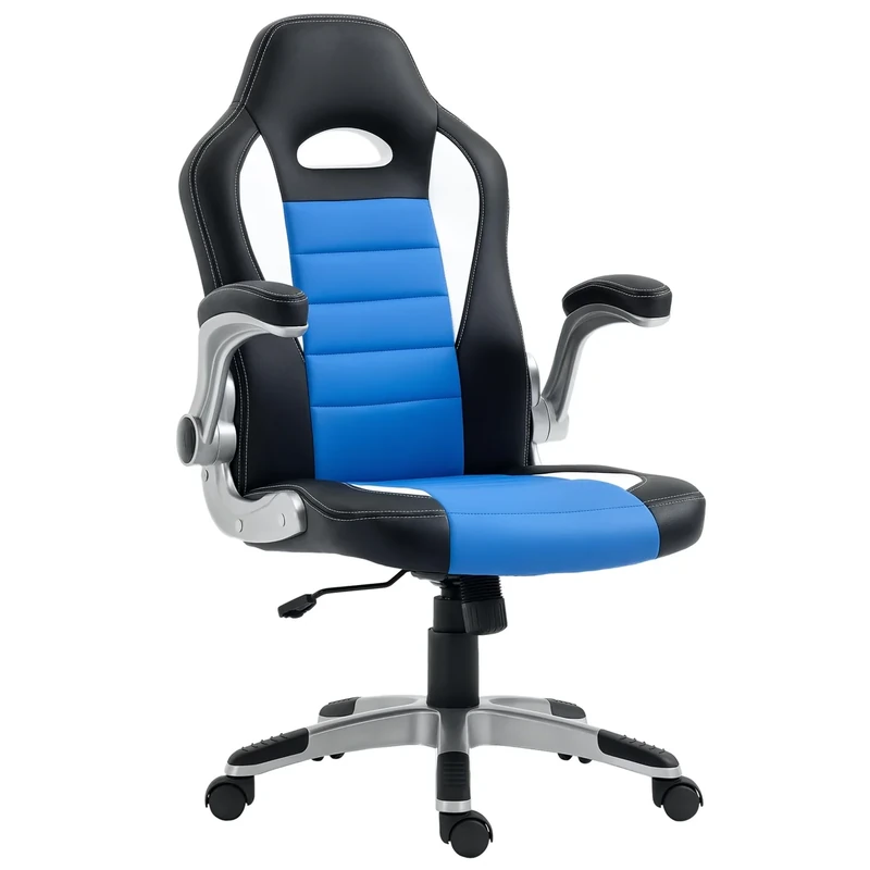 Vinsetto Computer Gaming Chair, Office Desk Swivel Chair, PU Leather Racing Chair with 90° Flip-up Armrest, Adjustable Height and Rolling Wheels, Blue