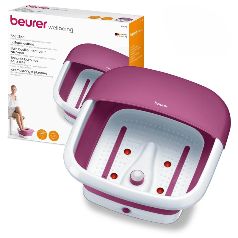 Beurer FB 30 Foldable Foot Spa with water heating function, vibration and bubble massage, massage-supporting footbed, infrared light dots, integrated pedicure station