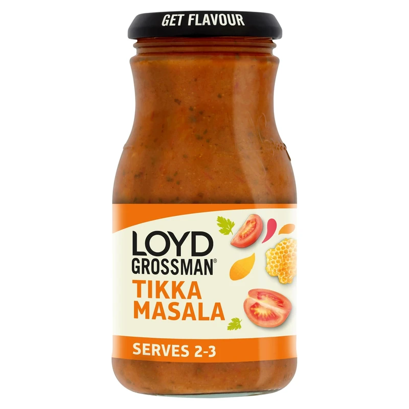 Loyd Grossman Indian Tikka Masala Sauce – Creamy Tomato, Yogurt & Honey Blend, Medium Spice, 350 g Jar (Pack of 1)