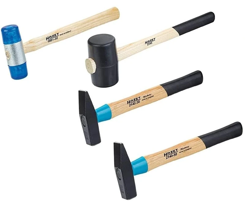HAZET Hammer Set 2140/4, 4 Pieces, Engineer's Hammer 300 g and 500 g, Plastic Hammer with Interchangeable Heads, Rubber Mallet, Longer Life Thanks to BluGuard