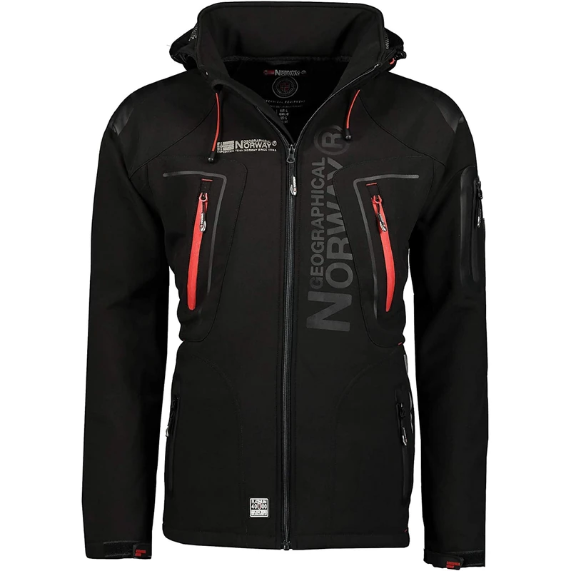 Geographical Norway Techno Men - Men's Waterproof Softshell Hooded Jacket - Comfortable Outdoor Jacket Tactical Windbreaker - Hiking Skiing Autumn Winter Spring (Black-red S)