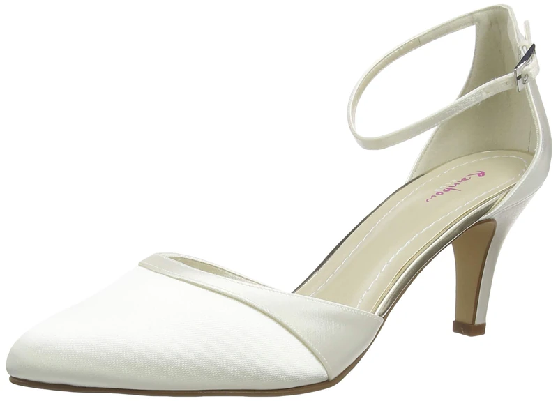 Rainbow Club Harper - Classic Low Heel Ivory Satin Bridal Wedding Shoes with Ankle Strap, 7 UK