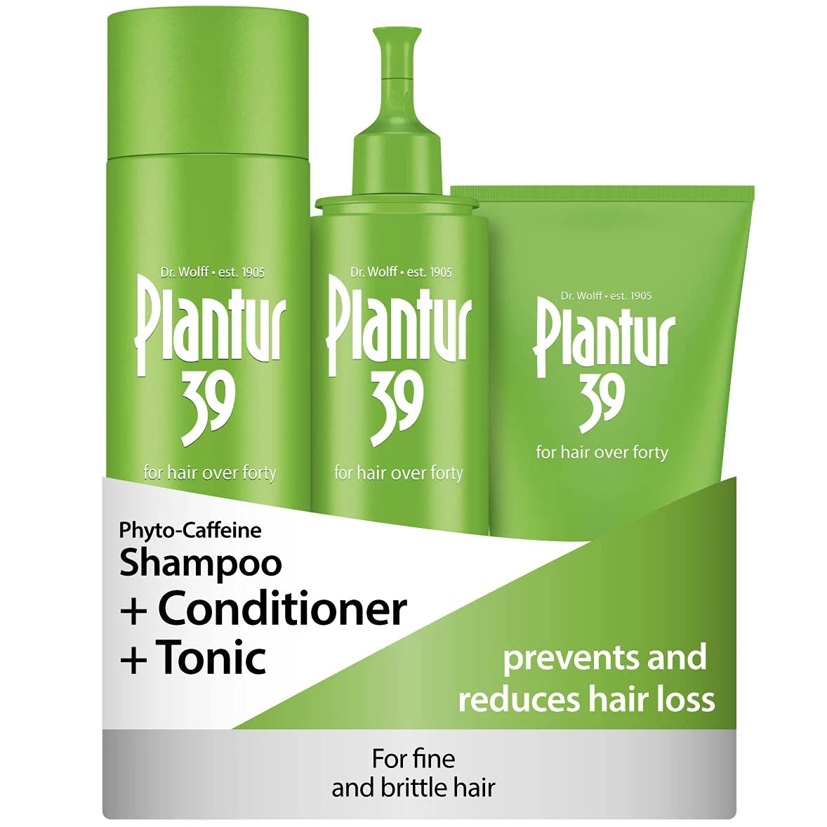 Plantur 39 Caffeine Shampoo Conditioner and Tonic Prevents and Reduces Hair Loss | For Fine Brittle Hair | Unique Galenic Formula Supports Hair Growth | 250ml Shampoo | 150ml Conditioner | 200ml Tonic