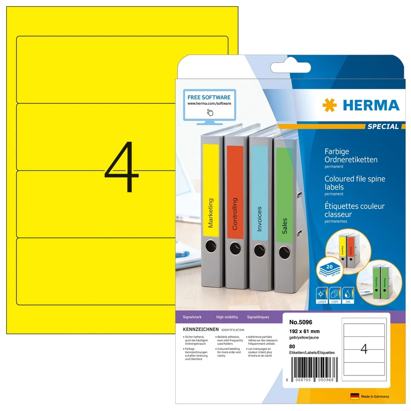 HERMA Self Adhesive Spine Labels, 4 Labels per A4 Sheet, 640 Sheets, 192 x 61 mm, 2560 Labels, Blank Lever Arch File Folder Labels Stickers, Sticky Labels for Laser & Inkjet Printer, Yellow
