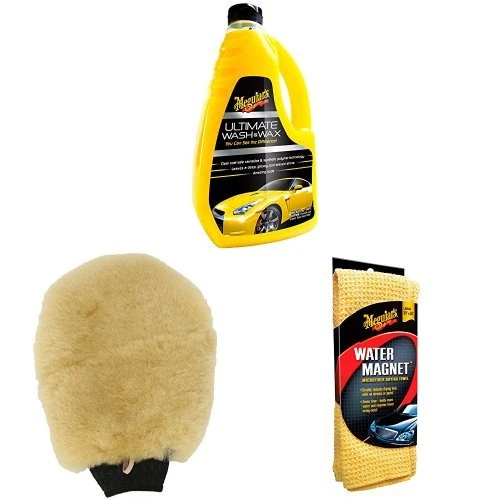Meguiar's A7301 Luxurious Lamb's Wool Car Wash Mitt: soft & safe - Includes Ultimate Car Wash & Wax & Water Magnet Drying Towel