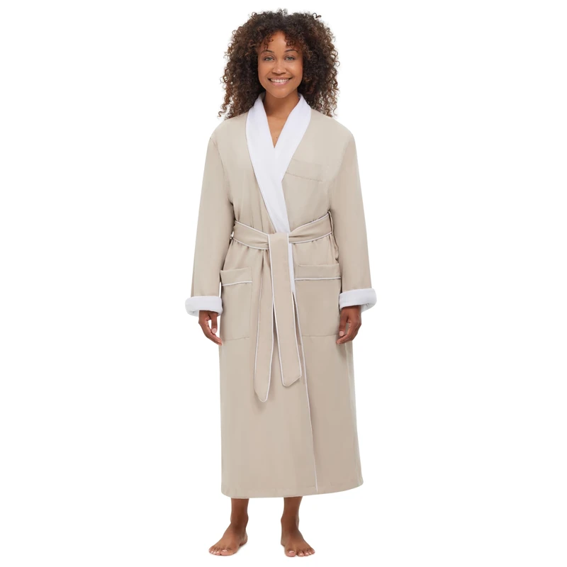 Terry Lined Microfiber Hotel Robe - Luxury Spa Bathrobe by Monarch/Cypress, Stone, Large