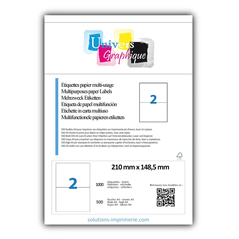 UniversGraphique, 1000 Sticky A5 Labels on A4 Sheets, White Adhesive, 210 x 148.5 mm, 500 Sheets, 2 Labels per Sheet, Ref UGCMO1-500