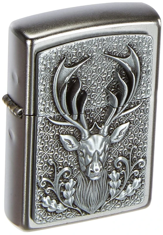 Zippo Windproof Lighter - Deer Head - Satin Chrome, Emblem - Refillable for Lifetime Use - Adjustable Flame - Gift Box - Metal Construction - Made in USA