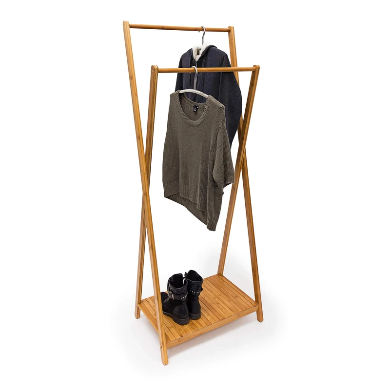 Relaxdays Coat Rack with 2 Rails Bamboo 156 x 56.5 x 40 Clothes Rail Shoe Rack Coat Rack Stand