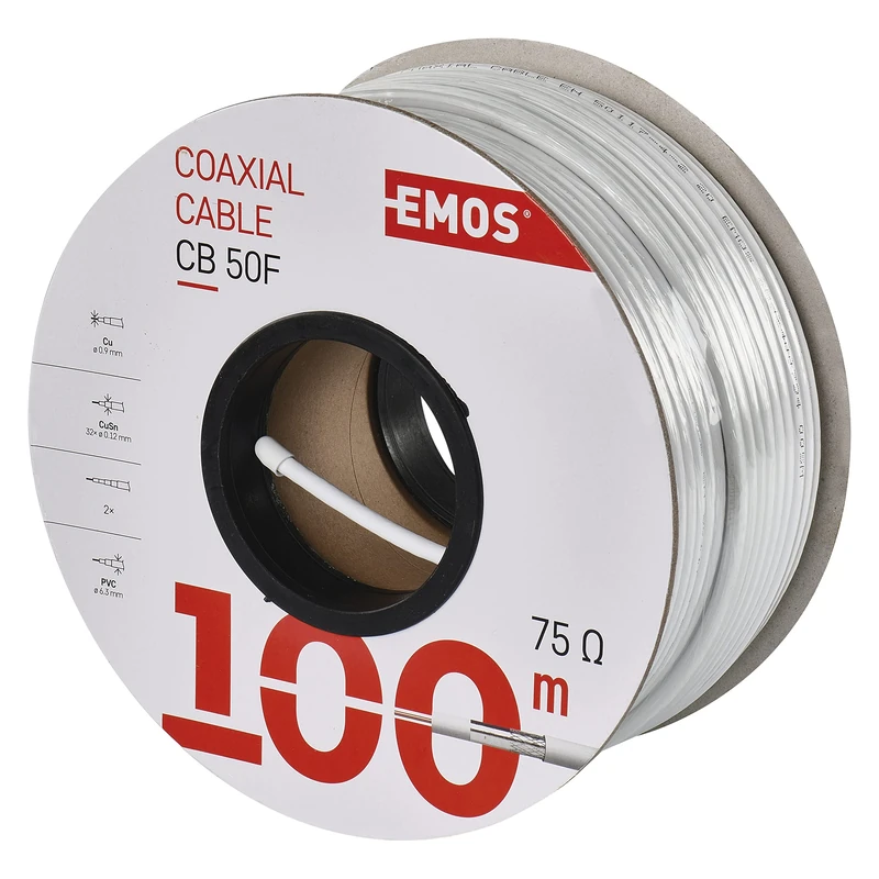 EMOS 100m White Coaxial Cable, Type CB50F, Double Shielded, 75 dB Shielding, 75 Ohm Resistance, Suitable for TV, SAT, CCTV, Digital Compatible, Supports HDTV 1080p/4K, 100m Length