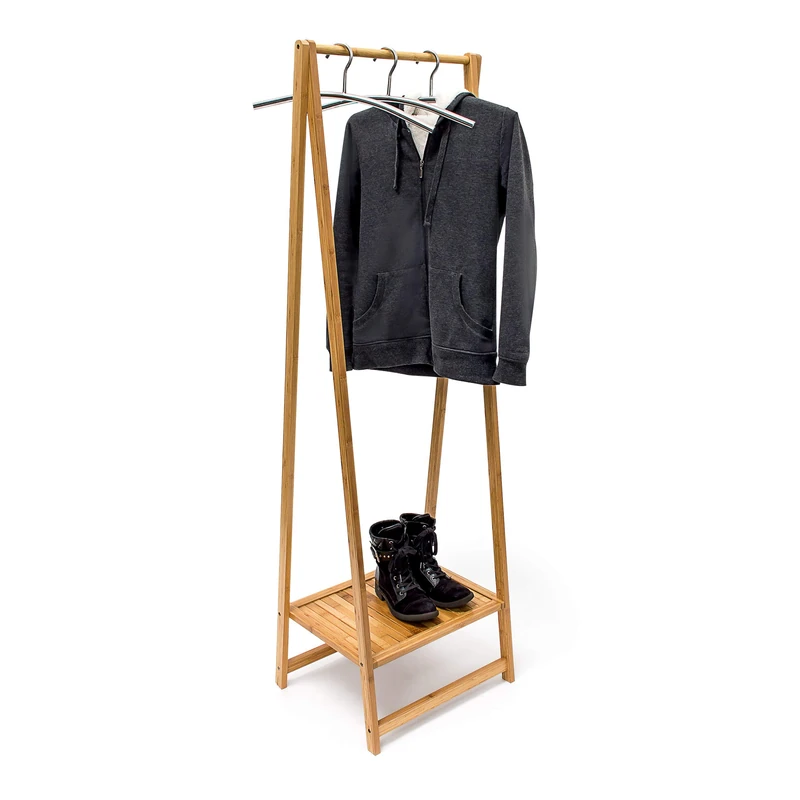 Relaxdays Garment Clothes Rail With Shoe Shelf Bamboo, 158.5 x 51.5 x 40.5 Coat Stand Wooden Suit Rack
