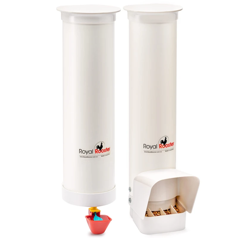 Royal Rooster Chicken Feeder and Waterer Set - 7 lb Poultry Chicken Feeder with Rain Cover and 1 Gallon Waterer System